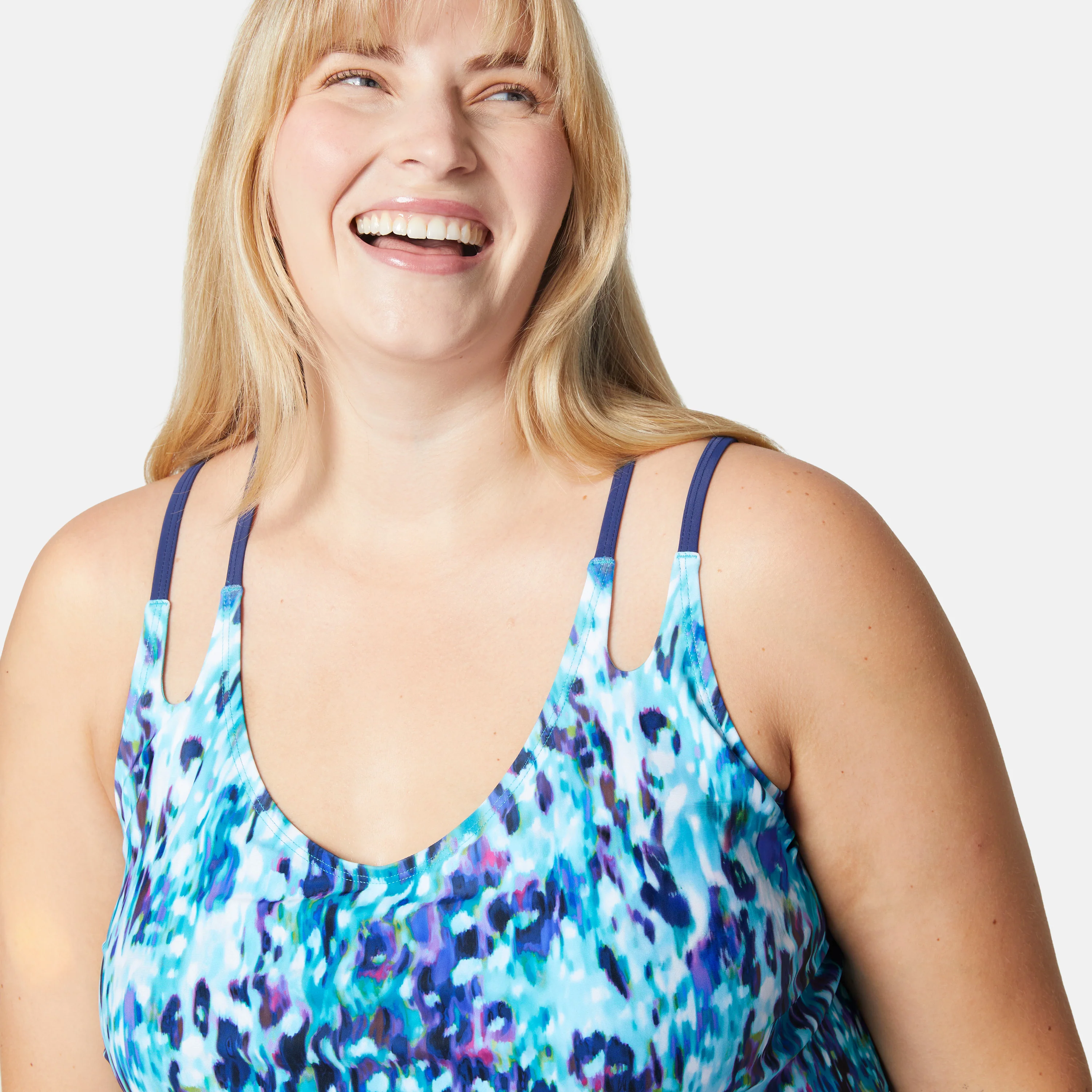 Women's Plus Size Cascading Skin Double Strap Cut Out Blouson Tankini Top - Image 3