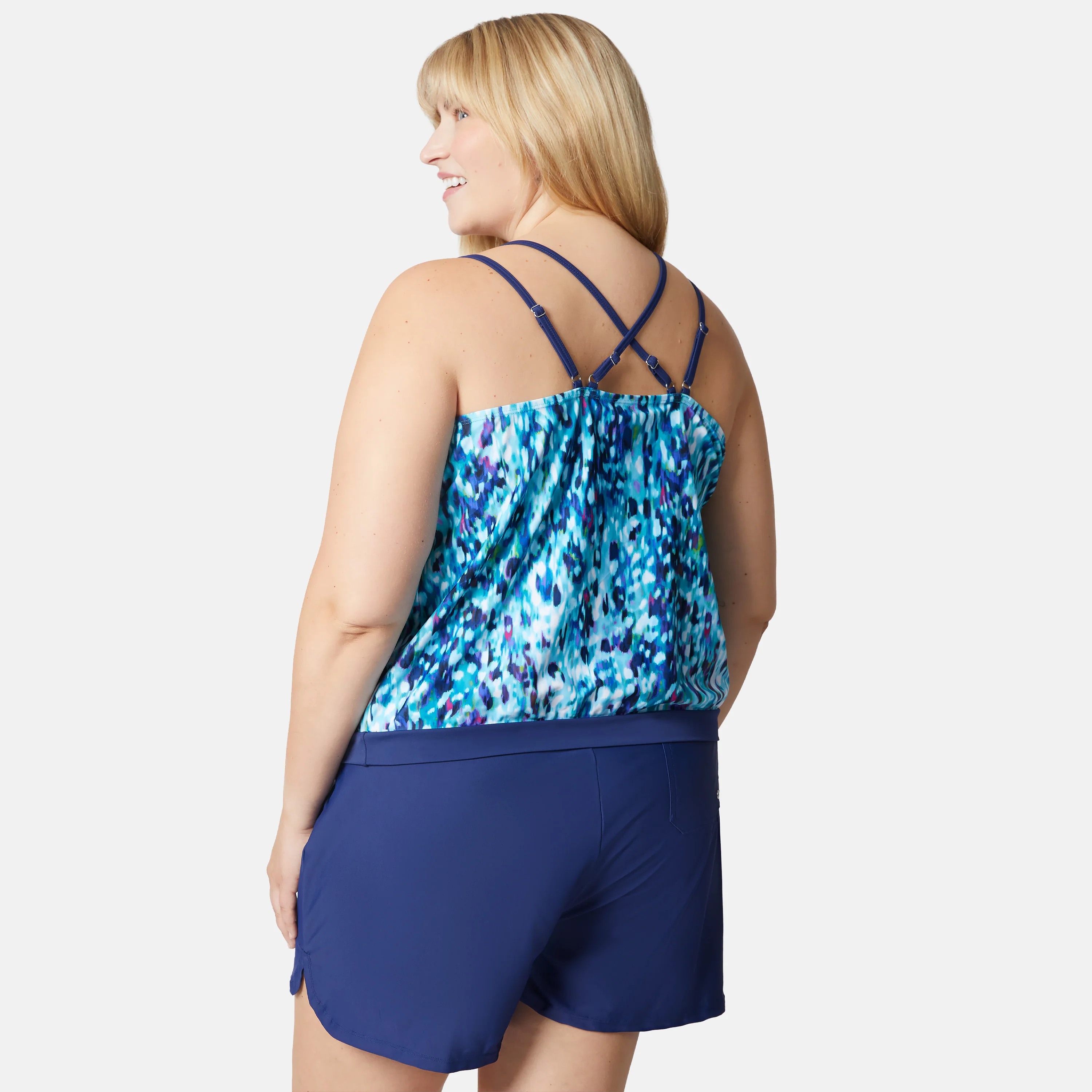 Women's Plus Size Cascading Skin Double Strap Cut Out Blouson Tankini Top - Image 4