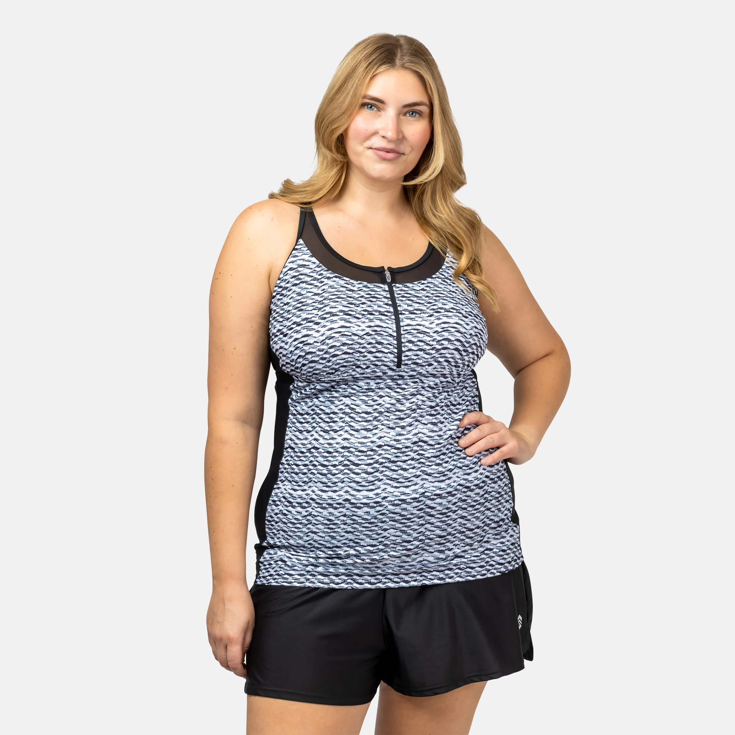 Women's Plus Size Crochet Wave Mesh Zip-Up Tankini Top - Image 3