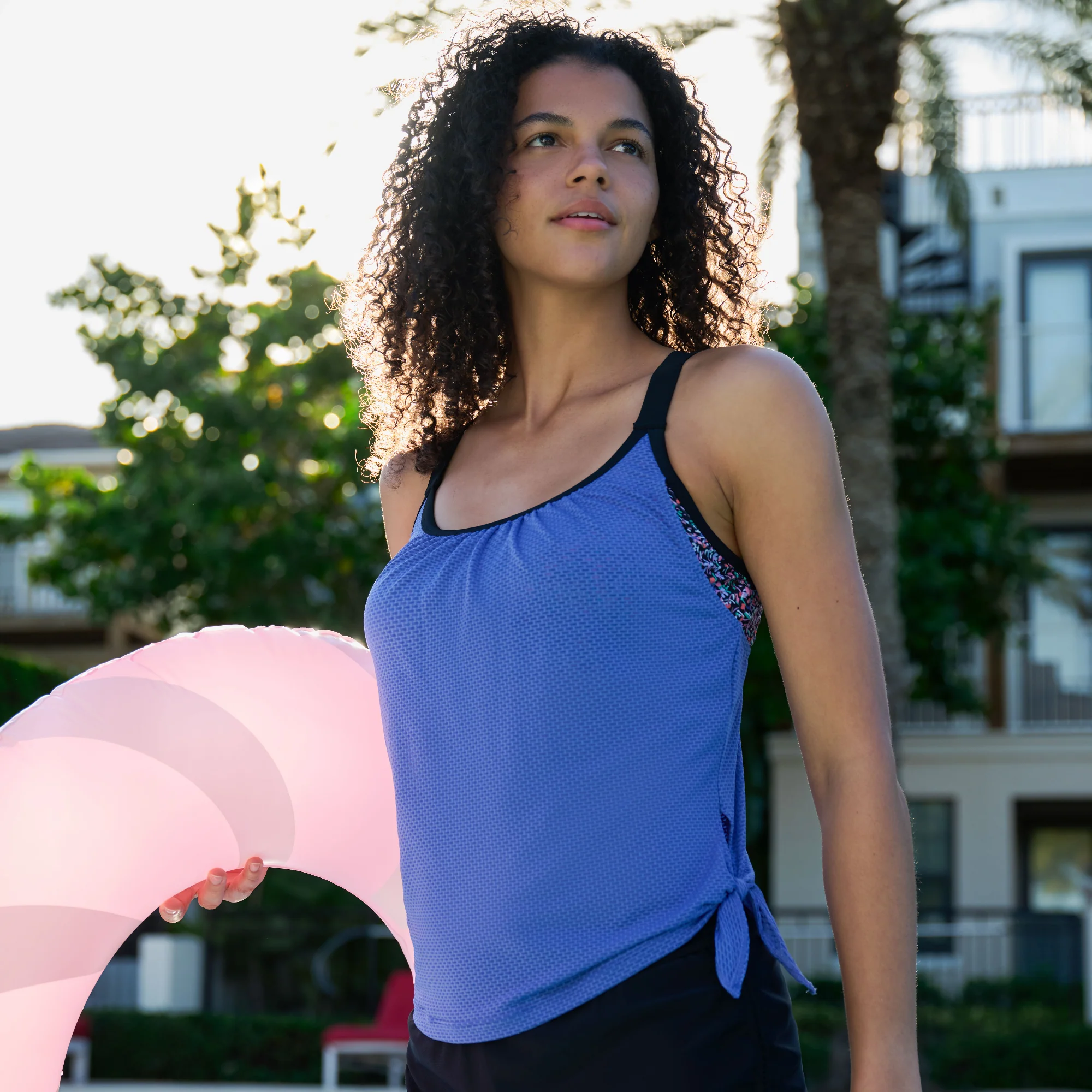 Women's Textured Mesh Side Tie Blouson Tankini Top - Image 12